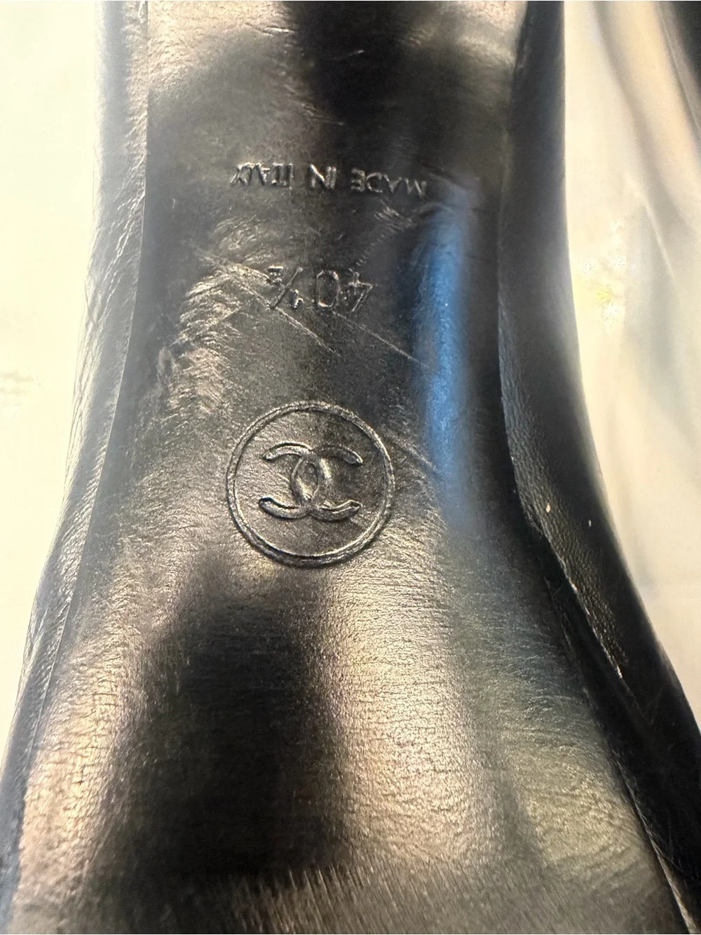 CHANEL Black Leather Peep-Toe Pumps with Gold CC Accent - Picture 8 of 8